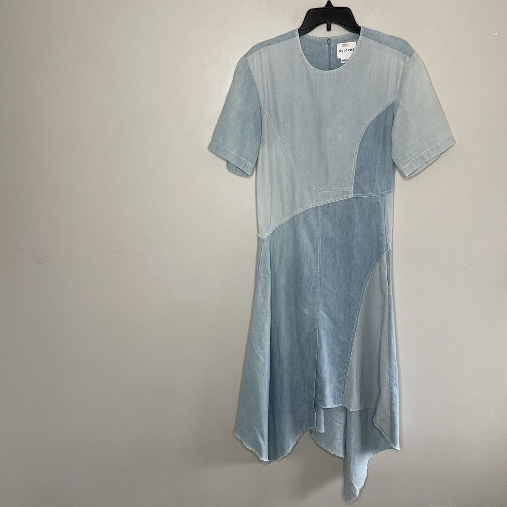 COLOVOS Dress Womens Medium M Chambray Seamed Midi Light Blue Combo Pockets